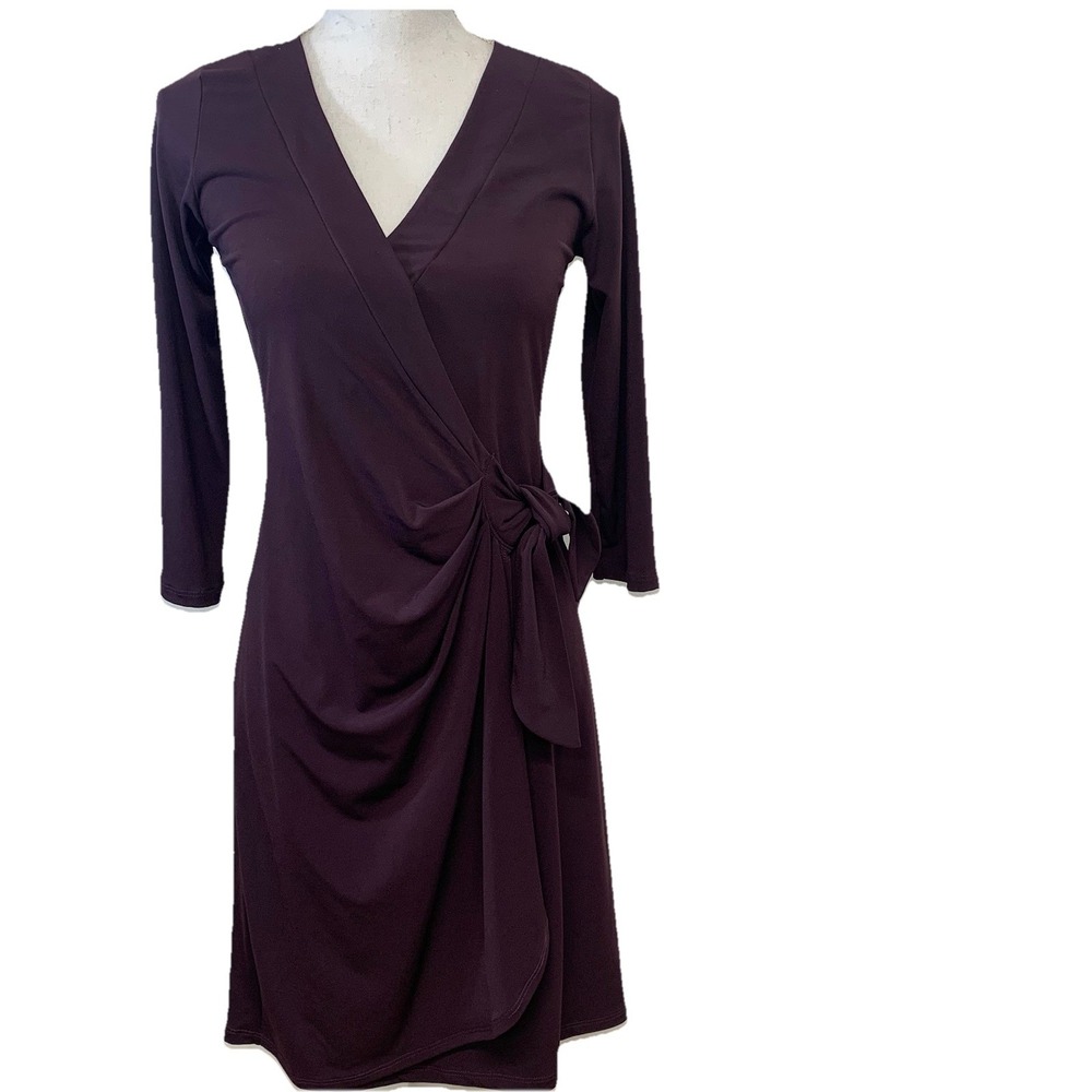 Papillon Blanc Faux Wrap Dress Small Stretch Purple 3/4 Sleeve Knee‎ Length